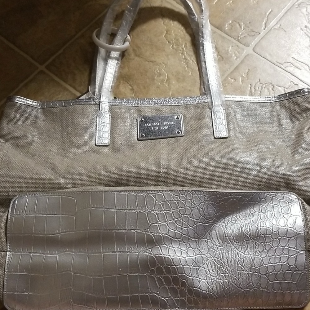 MK Stylish Silver and Tan Women's Tote Bag